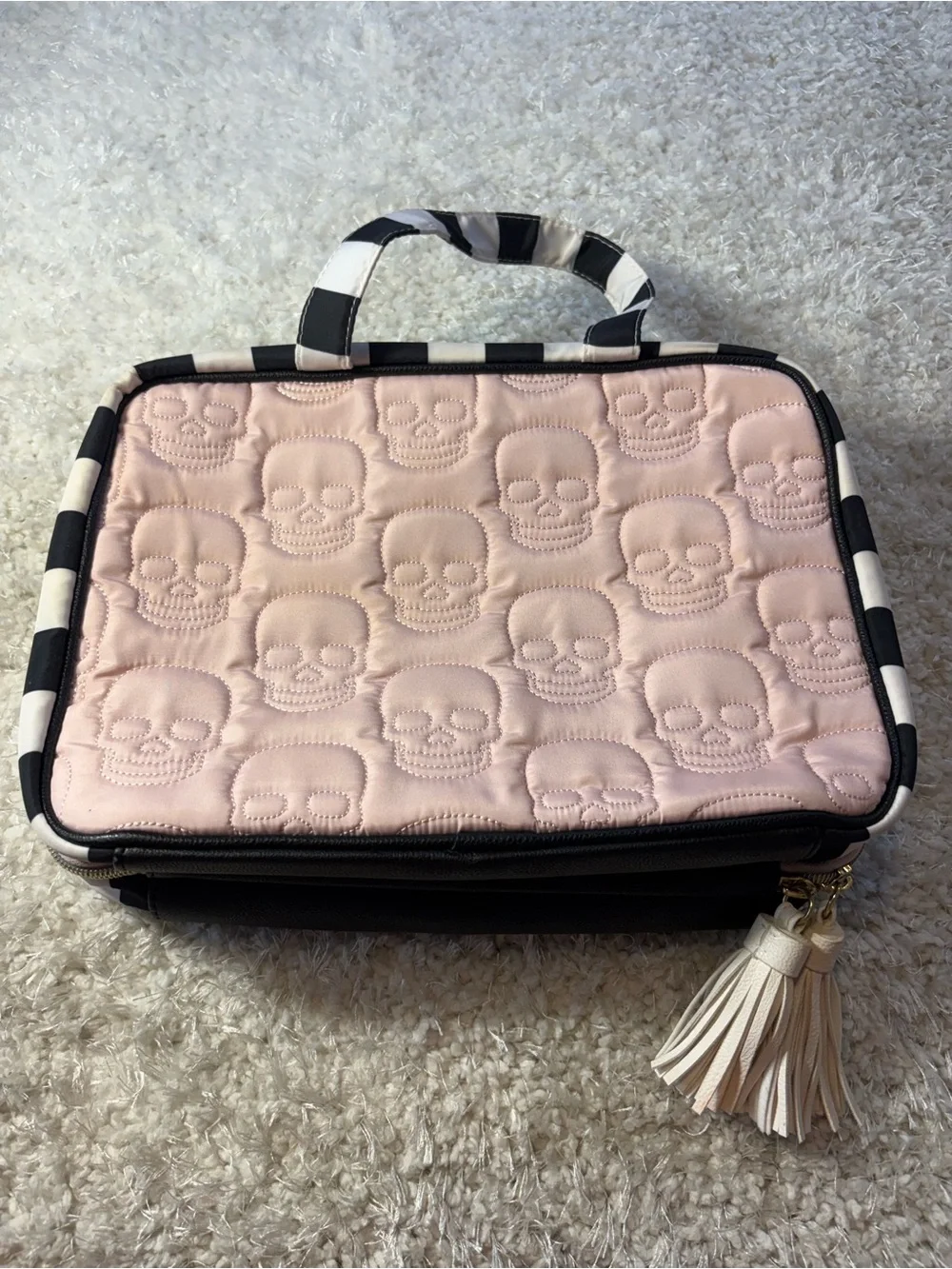 Betsey Johnson Light Pink Quilted Skull Cosmetic Bag with Striped Handle